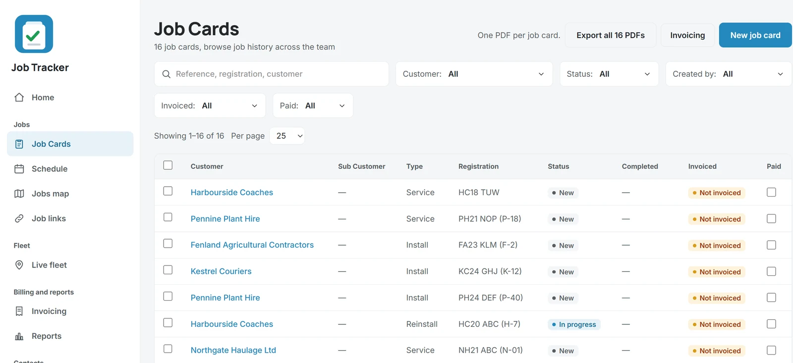 Table of job cards showing customer, job type, vehicle registration and status