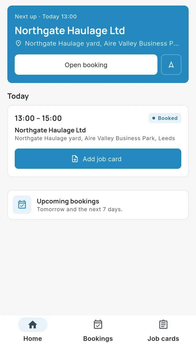 An engineer's home screen on a phone showing the next job and today's booking