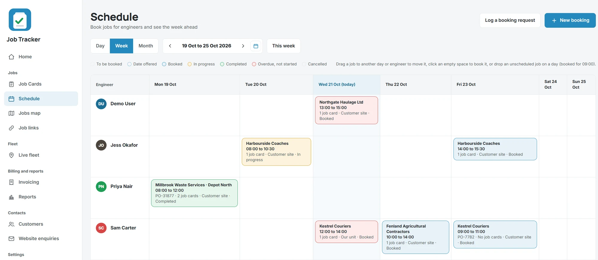 Week view of a schedule, with engineers down the side and booked jobs across the days